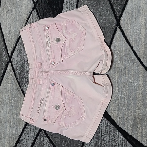 ROCK REVIVAL PEACH PINK RHINESTONES SILVER STITCH EMBROIDERED DENIM SHOR… - Picture 1 of 12